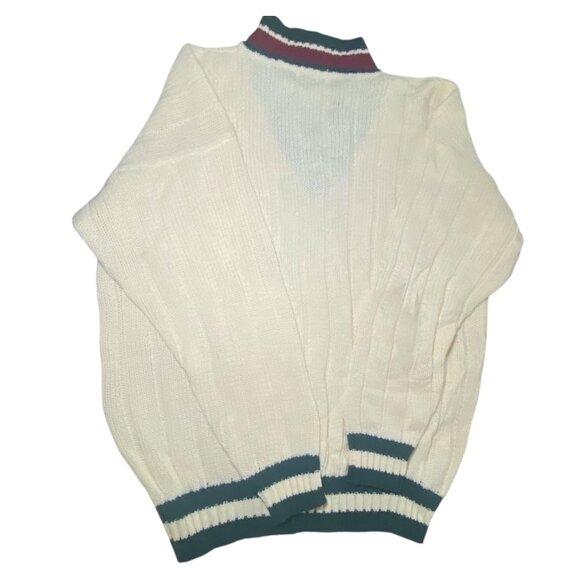 Vtg Campus Cable Knit Sweater White Green & Red Striped V-Neck Pullover Preppy - Picture 3 of 6
